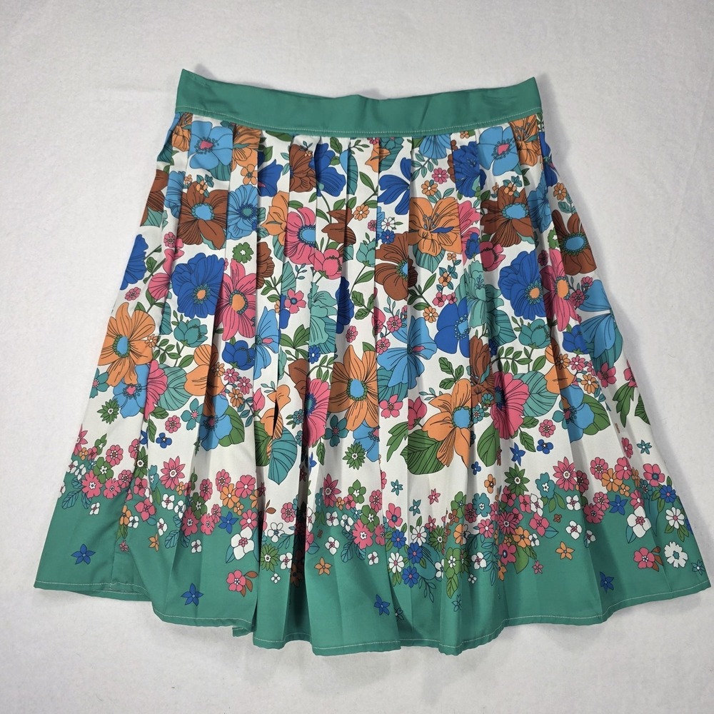 Retro 60's 70's Style Pleated Floral Border Skirt‎ Mod Flower Power Midi Skirt L